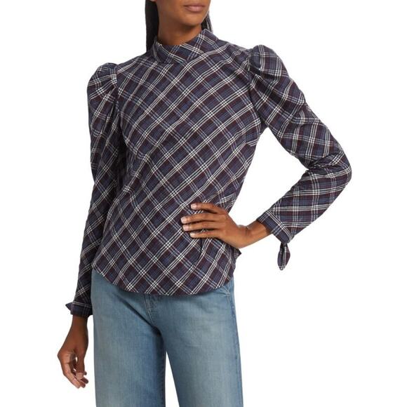 $368 NWT Veronica Beard Isabel Reversed Wine Plaid Blouse Puff Sleeves Size 2 - Picture 8 of 9